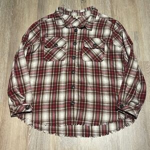 Democracy Womens Flannel Shirt Top Button Down Long Sleeve Plaid Red Beige L EUC